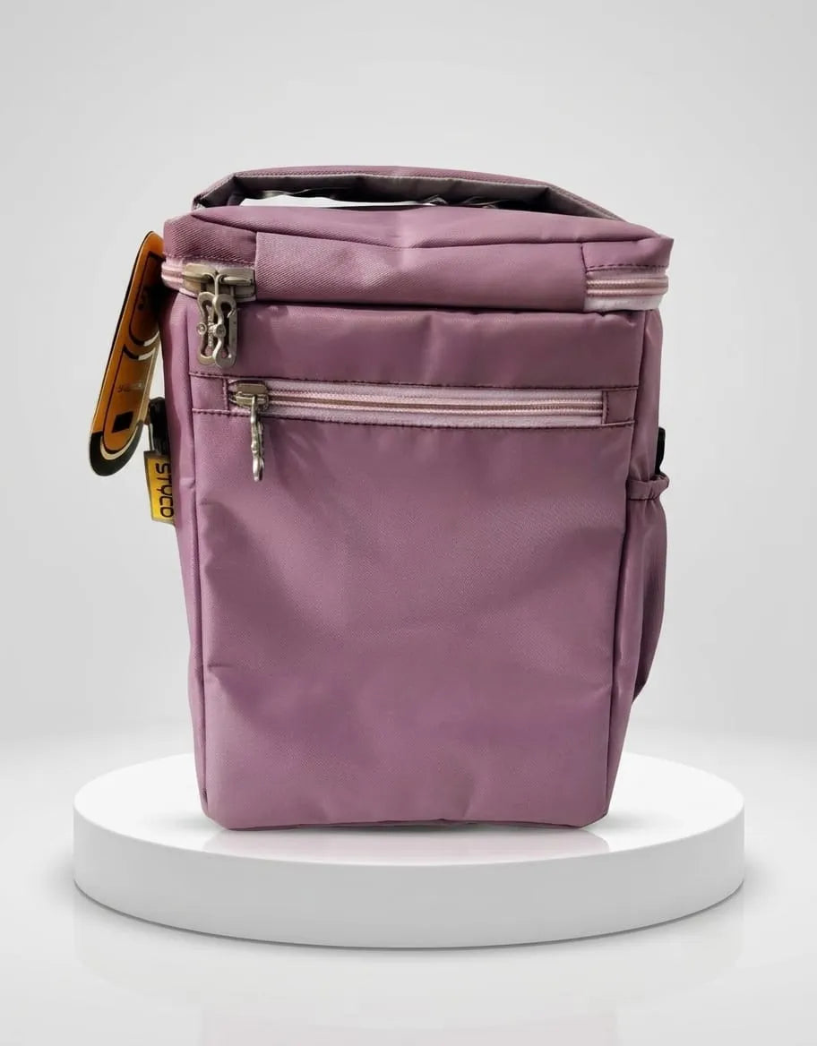 Purple backpack on a white pedestal with a light gray background