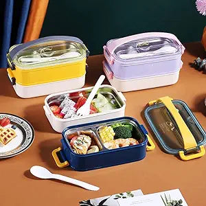 HOK Double Decker Insulated Stainless Steel Lunch Box 1200 ML with Spoon & Fork- Random Color