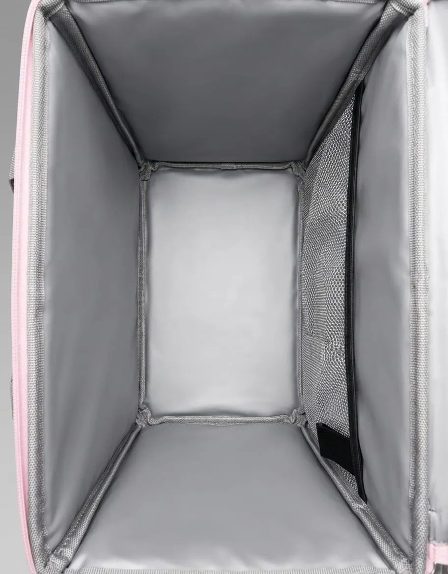Gray pet carrier with a pink trim, showing the interior and mesh sides.
