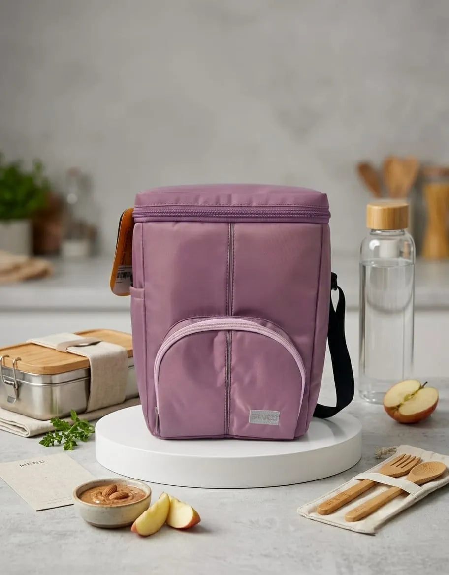 Purple insulated lunch bag on a kitchen counter with food items and a water bottle.