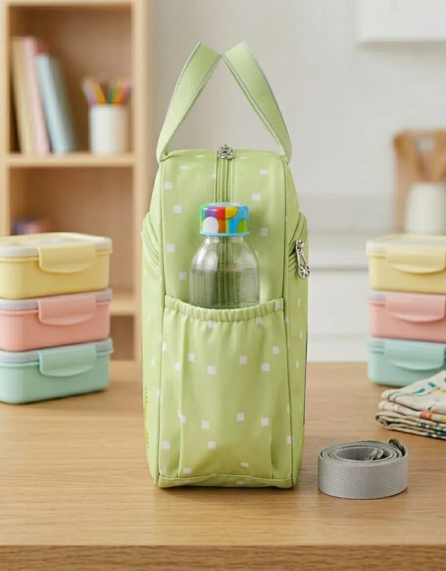 Green polka dot insulated bag with a bottle on a wooden surface with colorful containers in the background.