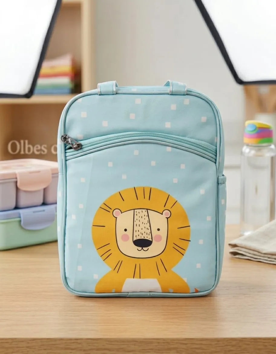 Light blue pouch with lion design on a wooden surface