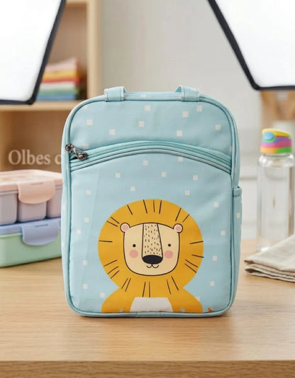 Light blue pouch with lion design on a wooden surface