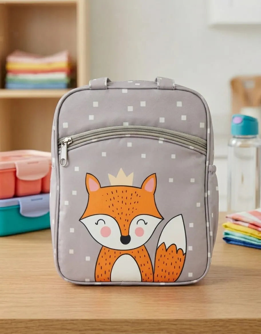 Children's lunch bag with fox design on a wooden surface
