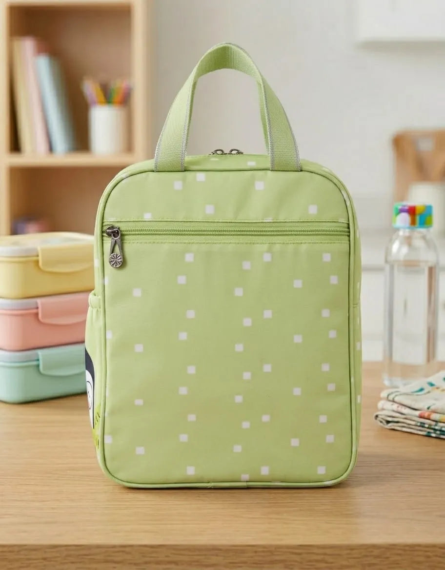 Green polka dot bag on a wooden surface with a blurred background