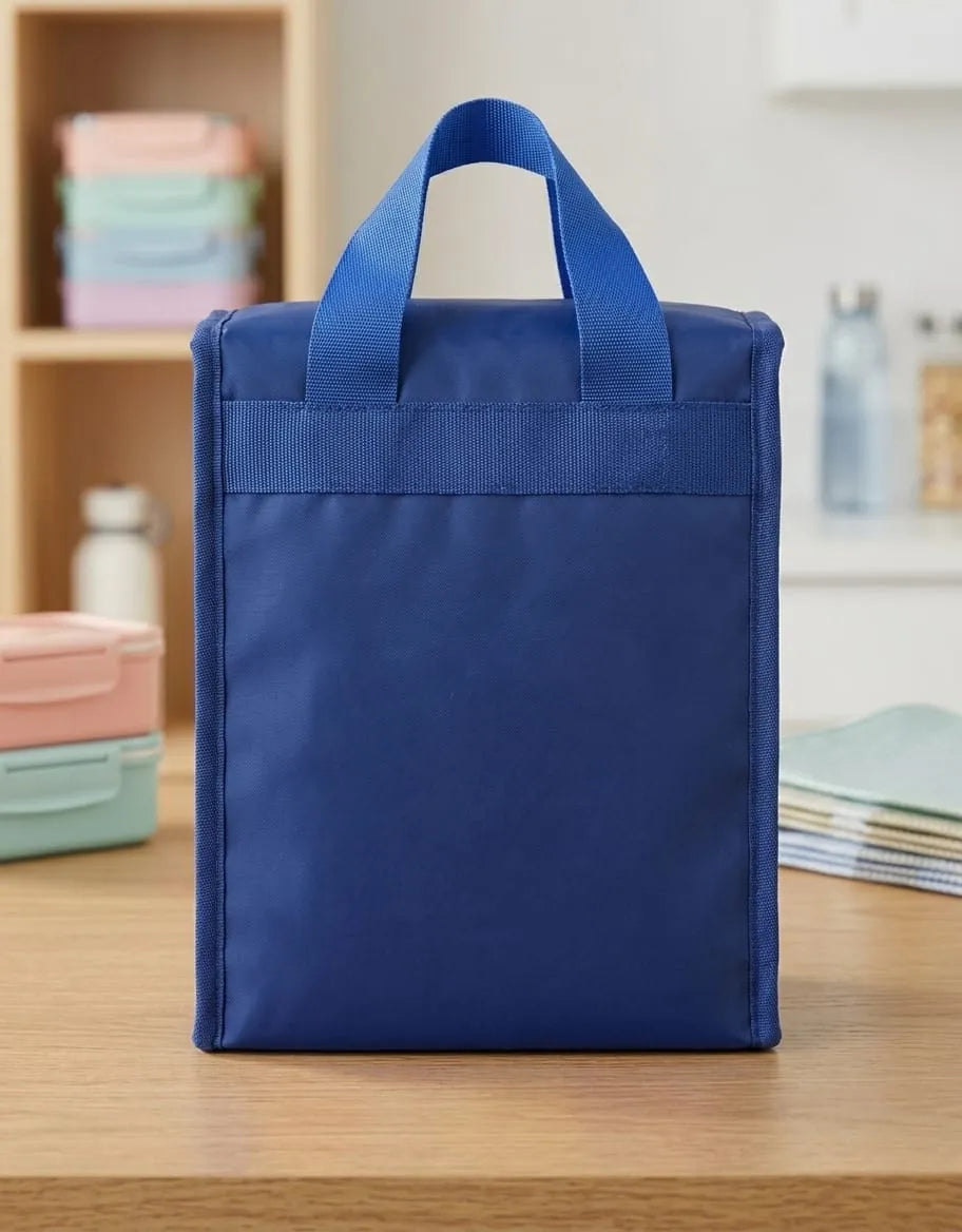 Blue bag on a wooden surface with a neutral background