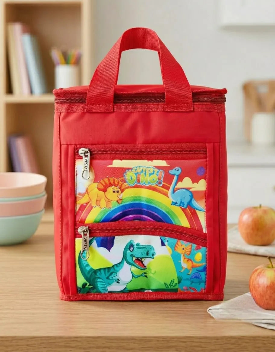 Red lunch bag with colorful dinosaur design on a wooden table