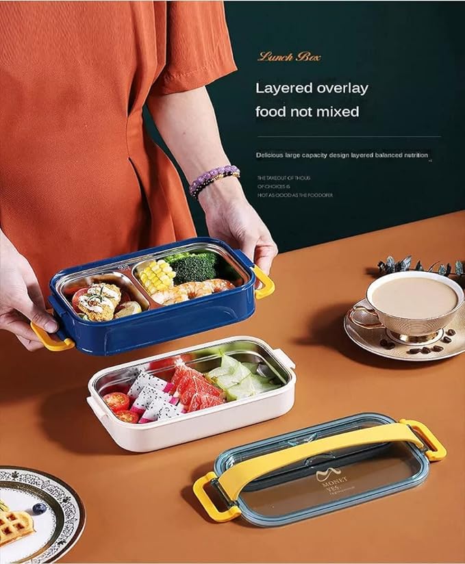 HOK Double Decker Insulated Stainless Steel Lunch Box 1200 ML with Spoon & Fork- Random Color