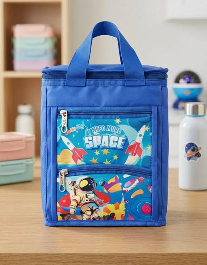 Blue insulated lunch bag with space-themed design on a wooden surface