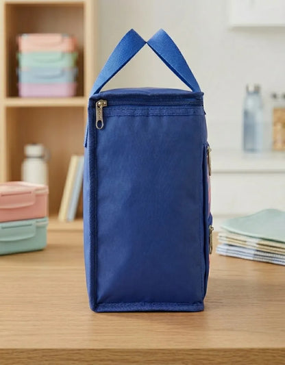 Blue bag with straps on a wooden surface, with shelves and items in the background
