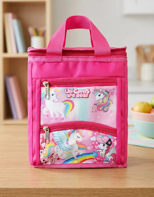 Pink lunch bag with unicorn design on a wooden surface