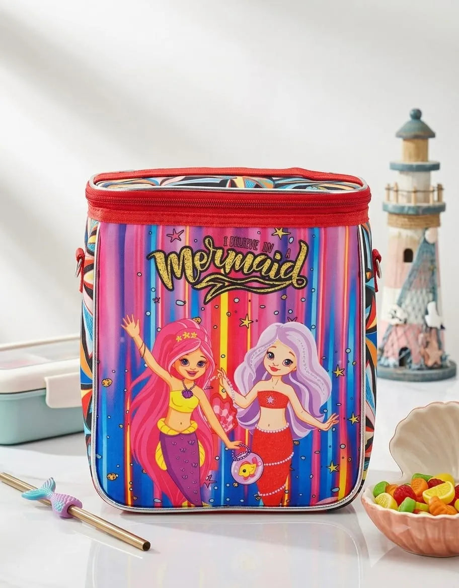 Colorful lunch bag with mermaid design on a white surface