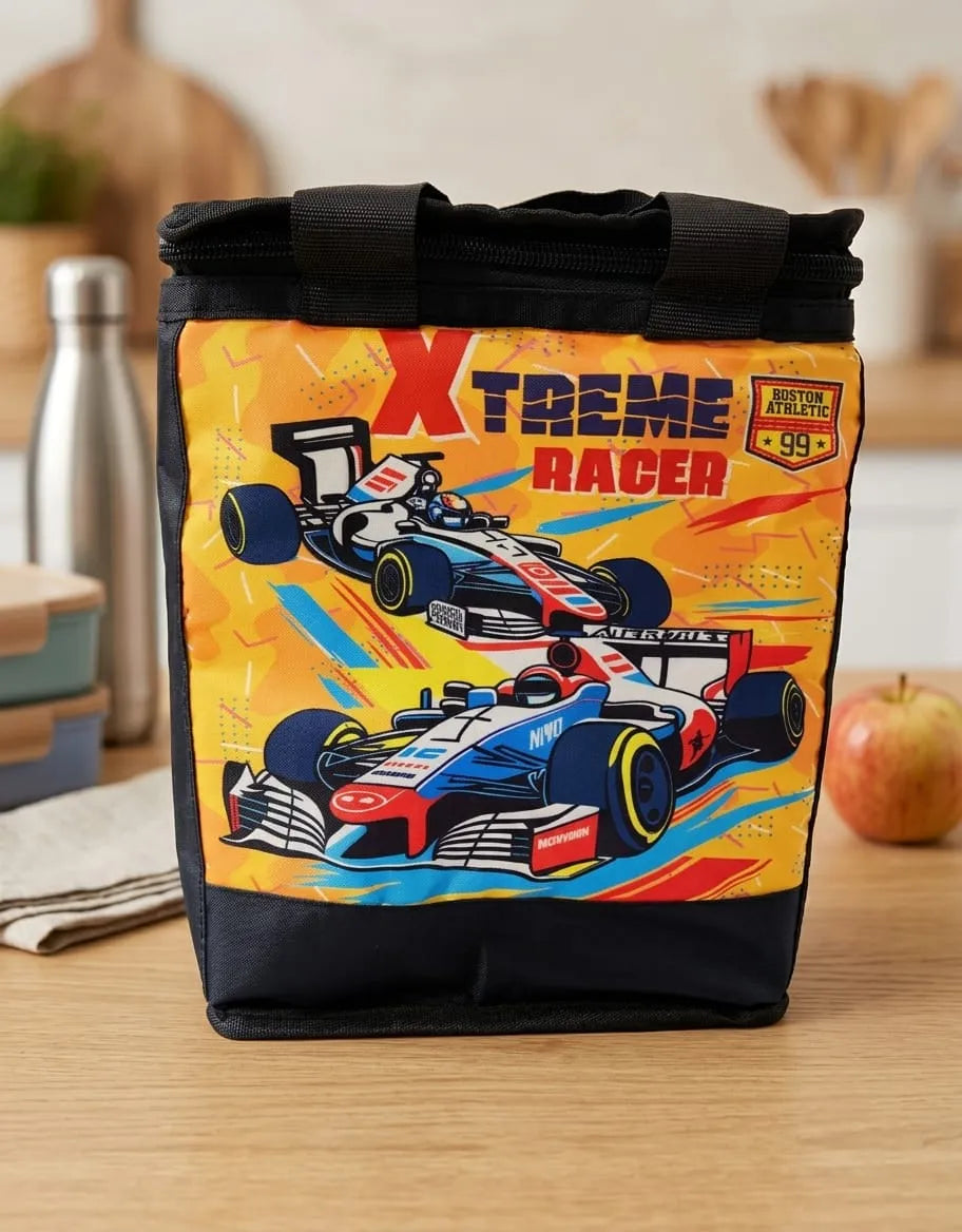 Lunch bag with 'Xtreme Racer' design on a wooden table