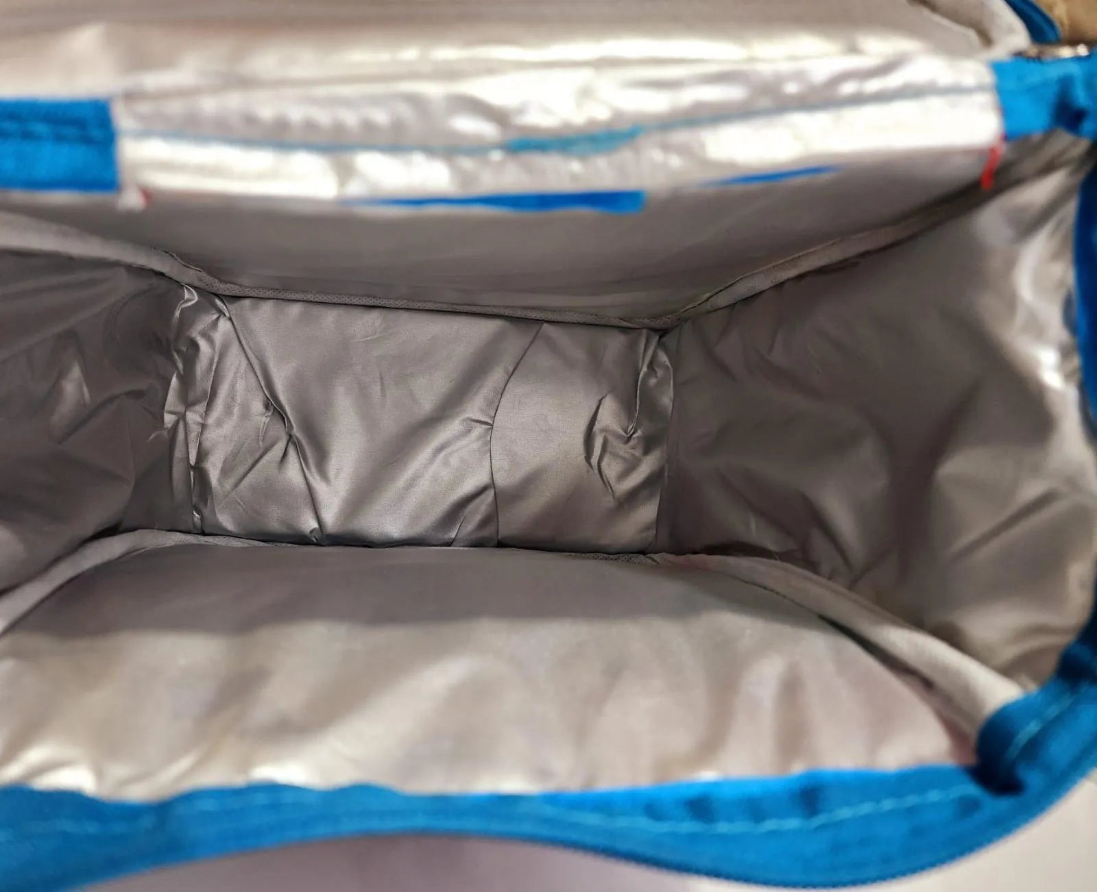 Close-up of a gray insulated bag with blue trim