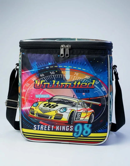 Cooler bag with racing car design and 'Unlimited Street Kings' text on a gray background