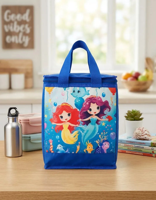 Blue tote bag with mermaid design on a wooden table