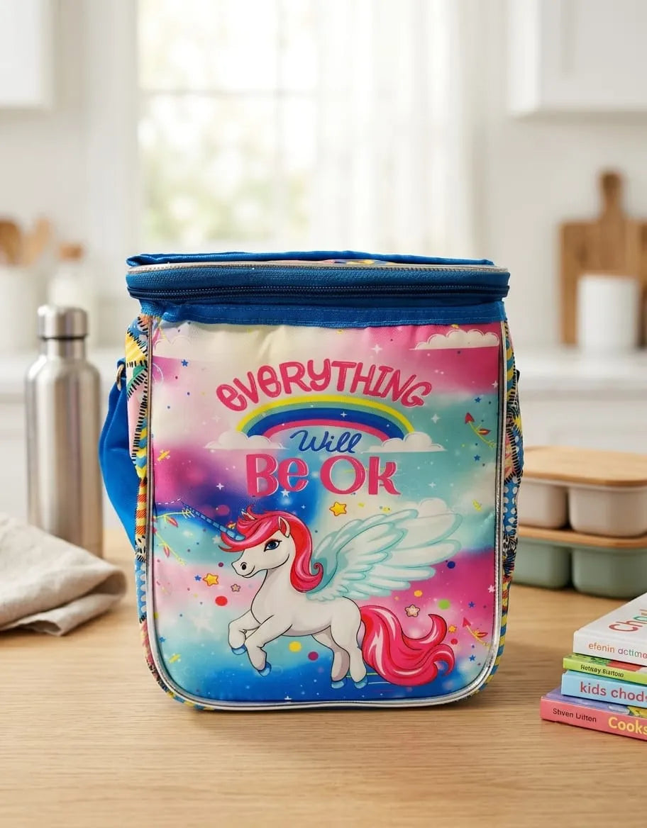 Colorful pencil case with unicorn design and motivational quote on a wooden surface.