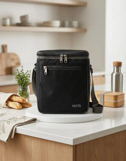 Black Vesta bag on a kitchen counter with bread and a water bottle in the background