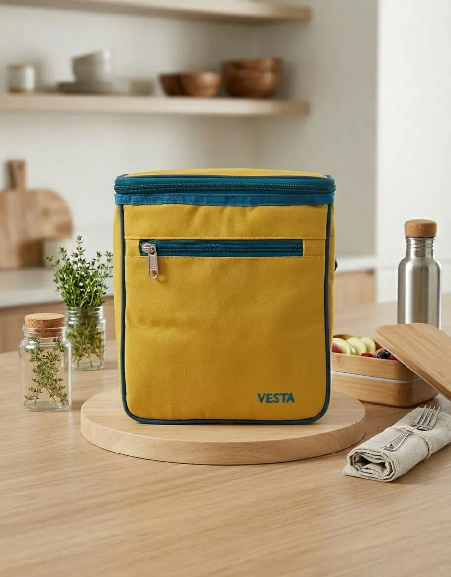 Yellow cooler bag with blue top on a wooden surface in a kitchen setting
