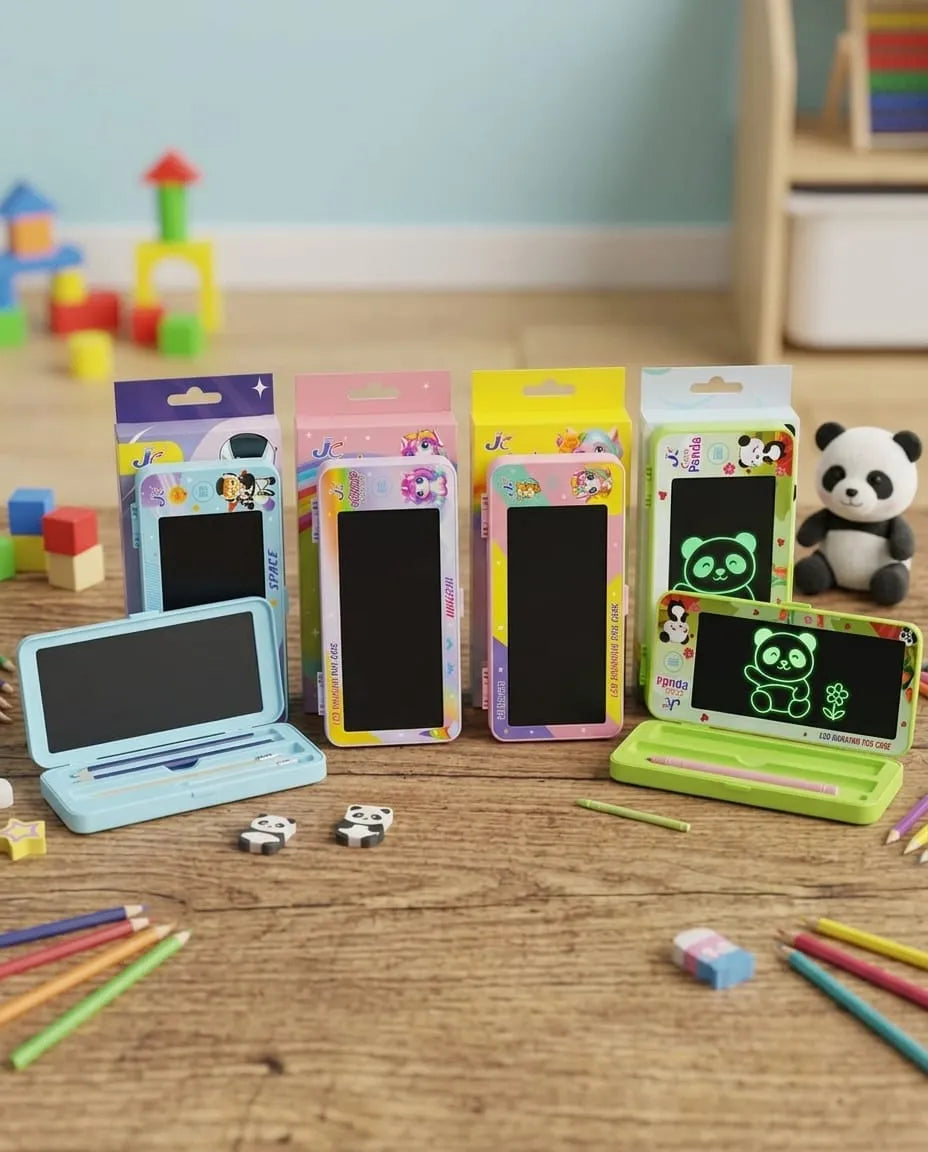 Colorful electronic devices with black screens on a wooden surface, surrounded by toys and stationery.
