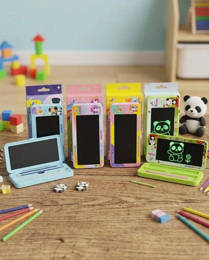 Colorful electronic devices with black screens on a wooden surface, surrounded by toys and stationery.