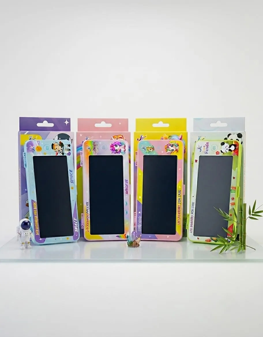 Four small blackboards in colorful packaging on a white surface with a white background
