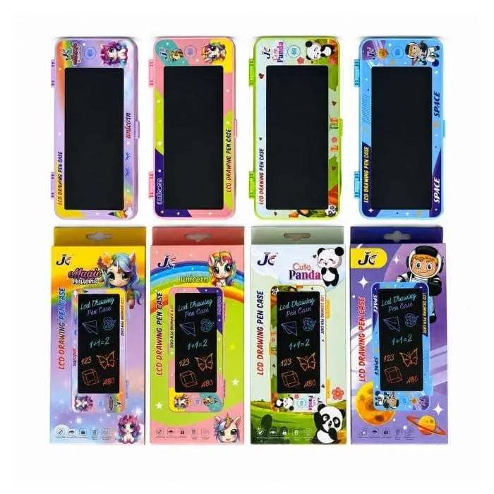 Set of colorful LCD drawing pad cases with cartoon designs on a white background
