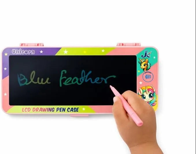 Colorful LCD drawing pen case with 'Blue Feather' written on it, held by a hand.