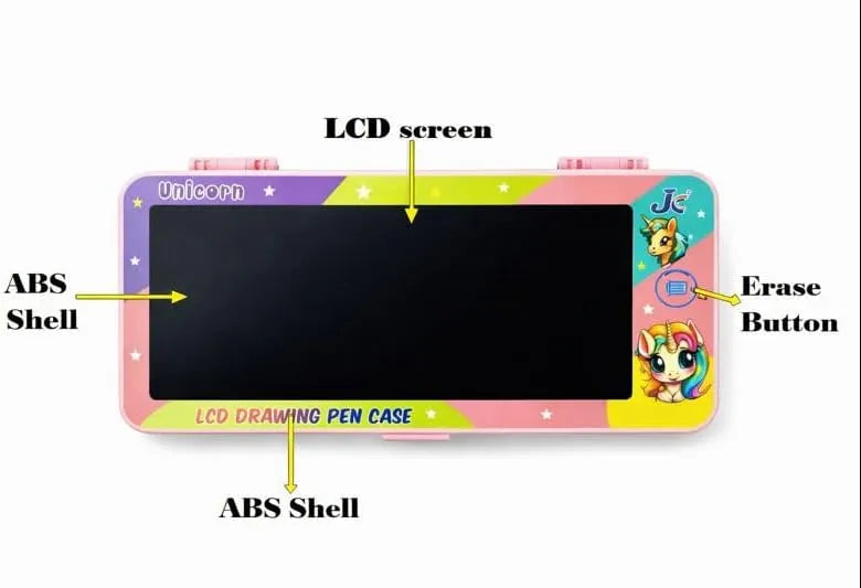 Diagram of an LCD drawing pen case with labeled parts on a white background