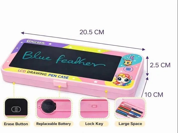 Pink LCD drawing pen case with measurements and features on a white background