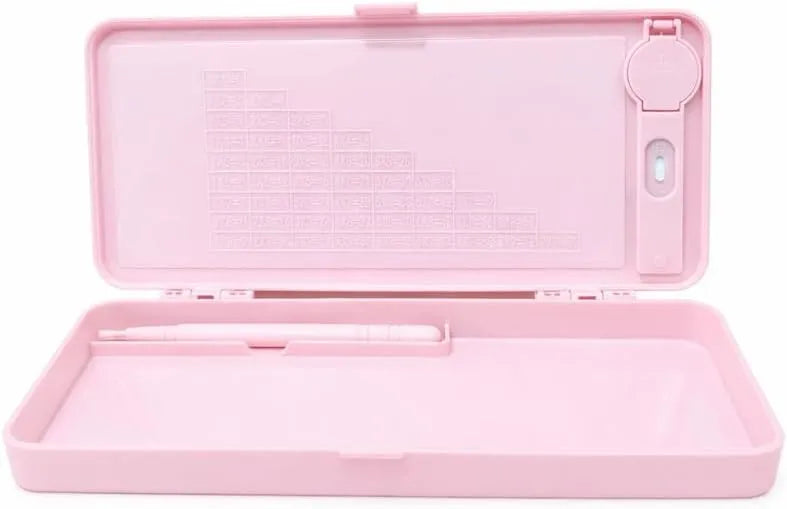 Pink travel case with a white item inside on a white background