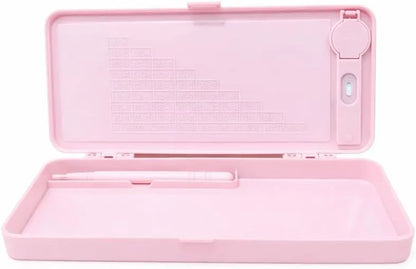 Pink travel case with a white item inside on a white background