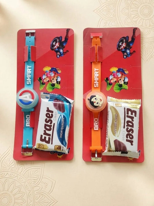 Two cartoon-themed smart wristwatches on red backing cards, one blue with a Captain America design and one orange with a Mickey Mouse design, each with an Eraser cookie attached.