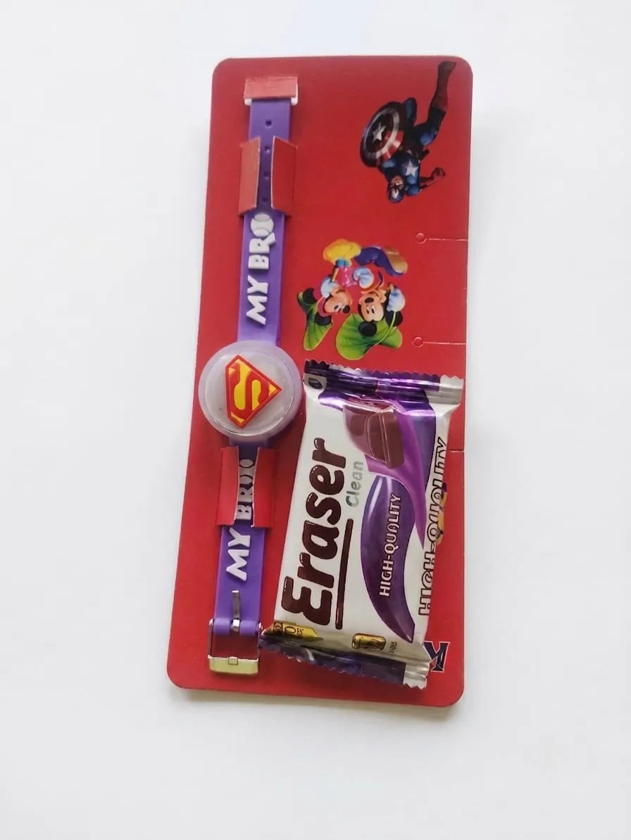 A superhero-themed gift set on a red backing card, featuring a purple and red Superman watch, a small Superman magnet, a packaged Eraser High Quality chocolate bar, and comic character illustrations.