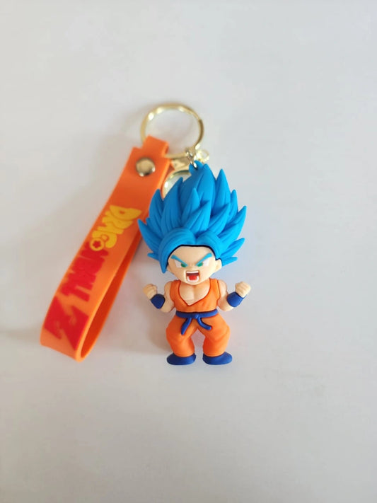 Keychain with character figure and orange strap on a light gray background