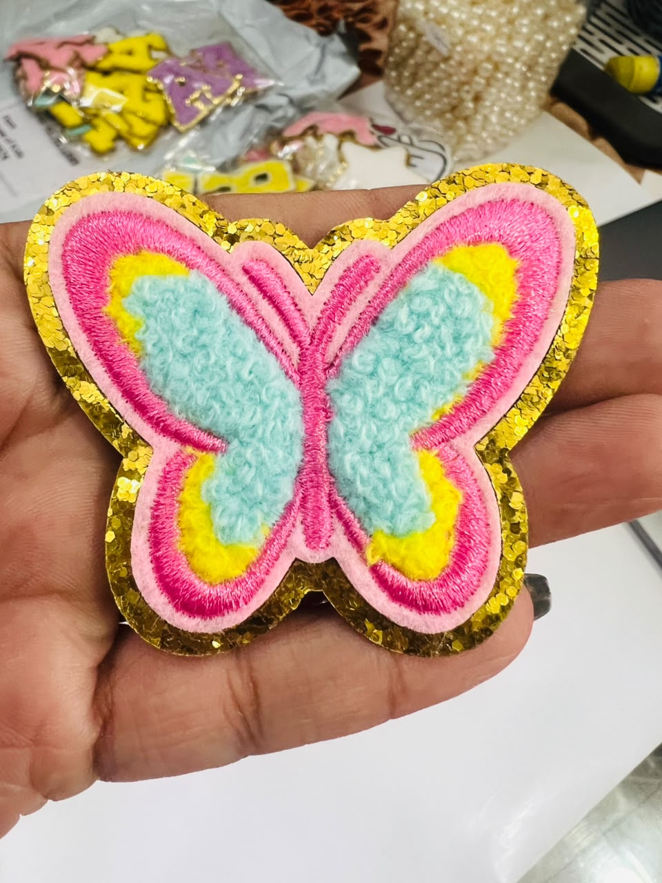 DIY HOK Cartoon Gold Chenille Embroidery Patch Varsity Iron on Sew on Decorative Repair Applique Patches with Gold Border for Clothing Bags DIY Art & Craft
