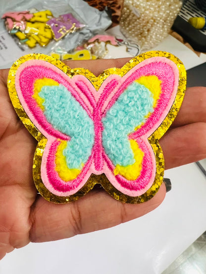DIY HOK Cartoon Gold Chenille Embroidery Patch Varsity Iron on Sew on Decorative Repair Applique Patches with Gold Border for Clothing Bags DIY Art & Craft