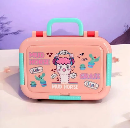 Pink lunch box with cartoon character and text on a white surface with purple background