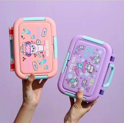 Two colorful lunch boxes held against a purple background