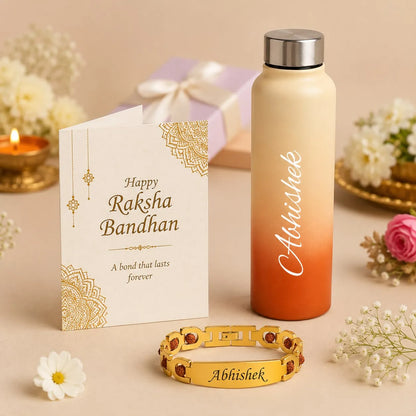 Personalized Raksha Bandhan gift set featuring a cream-to-orange gradient water bottle, a gold-plated bracelet with red stones and 'Abhishek' engraving, and a matching 'Happy Raksha Bandhan' greeting card, styled with flowers and a gift box on a beige surface.