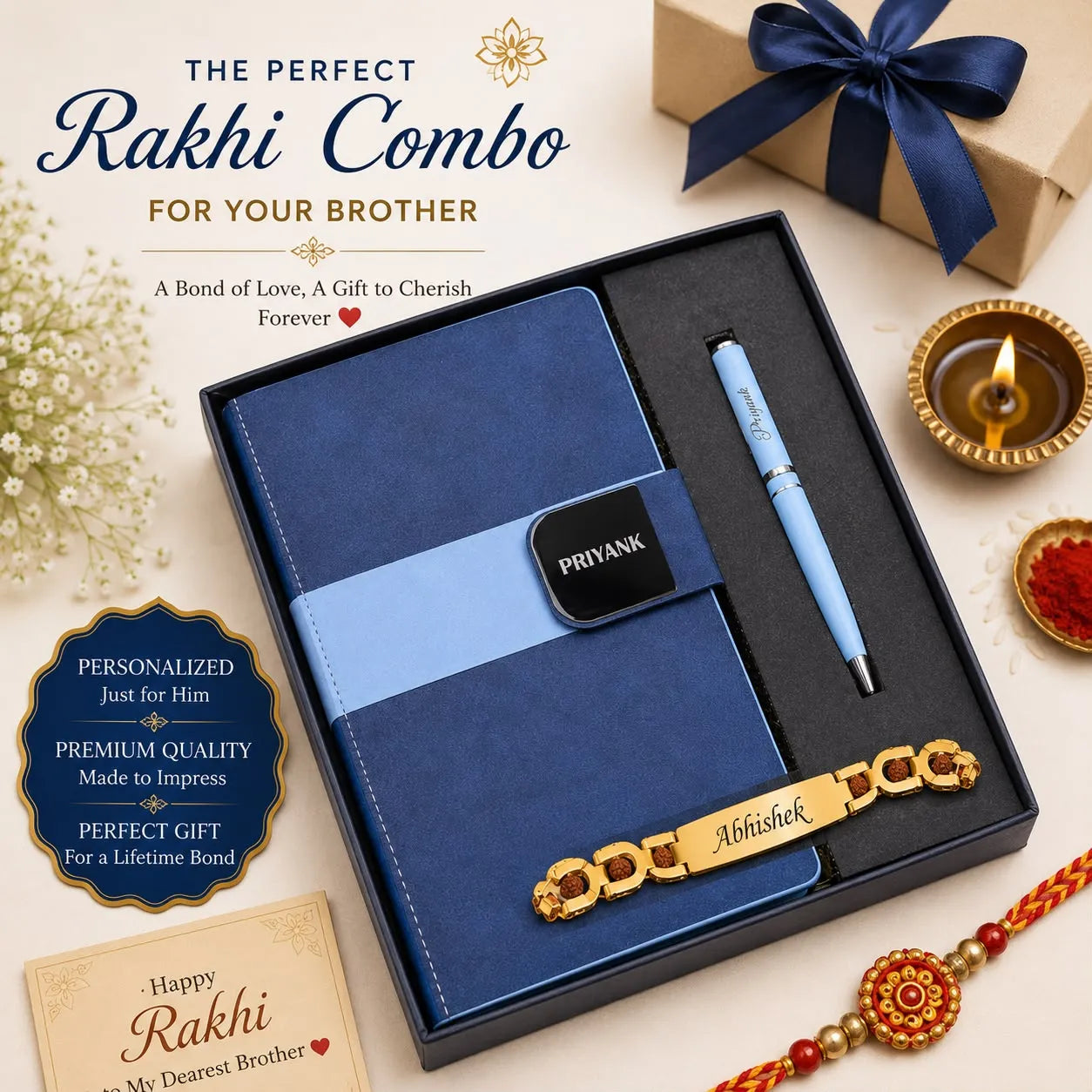 A personalized Rakhi gift combo set for a brother, presented in a black box. The set includes a navy blue notebook with a light blue band and a black personalized nameplate, a light blue pen, a gold-plated bracelet engraved with 'Abishek', a card, and a red and gold Rakhi thread.