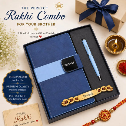 A personalized Rakhi gift combo set for a brother, presented in a black box. The set includes a navy blue notebook with a light blue band and a black personalized nameplate, a light blue pen, a gold-plated bracelet engraved with 'Abishek', a card, and a red and gold Rakhi thread.