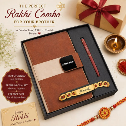 A personalized Rakhi gift set for a brother, featuring a brown leather notebook, a matching red pen, a gold engraved bracelet, and a red and gold Rakhi, presented in a black box with promotional text overlays.