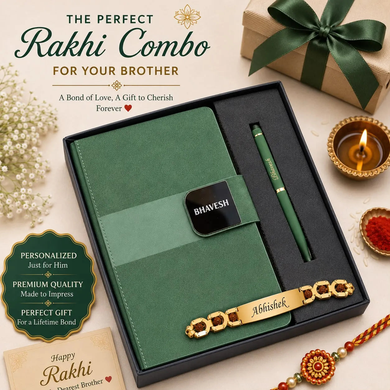 A personalized Rakhi gift set for a brother, featuring a green notebook and matching pen in a black box, styled with a gold bracelet, a lit diya, and festive props on a cream background with promotional text.