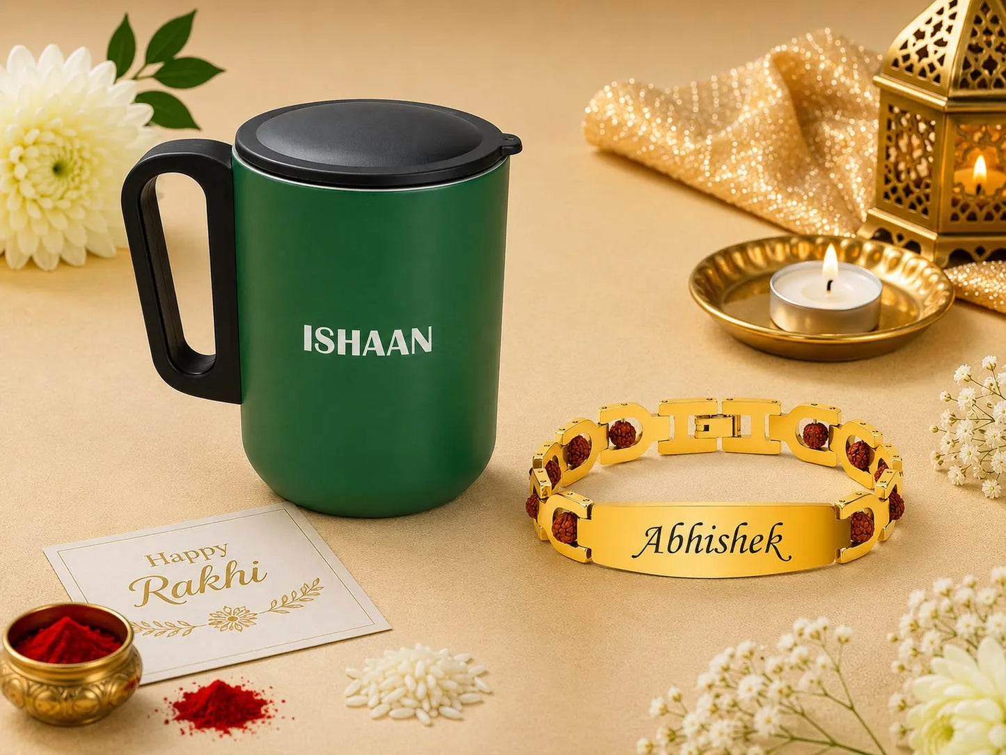 A personalized Rakhi gift set featuring a dark green insulated mug with a black lid and handle, engraved with the name 'ISHAAN'. Next to it is a gold-plated Rakhi bracelet with red stone accents and an engraved nameplate reading 'Abhishek'.
