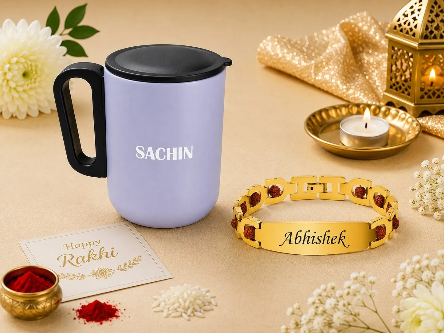 A personalized Rakhi gift set featuring a lavender travel mug with a black lid and handle, a gold-plated bracelet engraved with 'Abhishek', a 'Happy Rakhi' greeting card, red powder, white flowers, and a gold decorative lantern on a beige background.