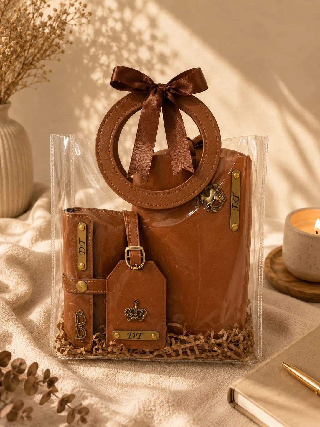 A brown faux-leather gift set in a clear plastic bag, featuring a large circular handle tied with a matching ribbon, a small journal, a luggage tag, and a small pouch, styled on a beige fabric surface with dried flowers and a candle.