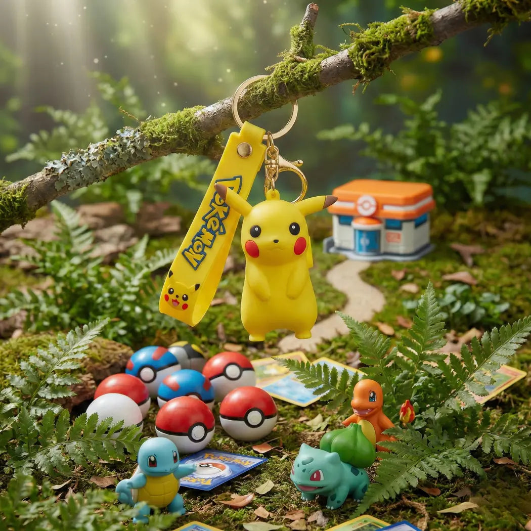 Pikachu keychain and small character figurines on a forest floor with a small building in the background.