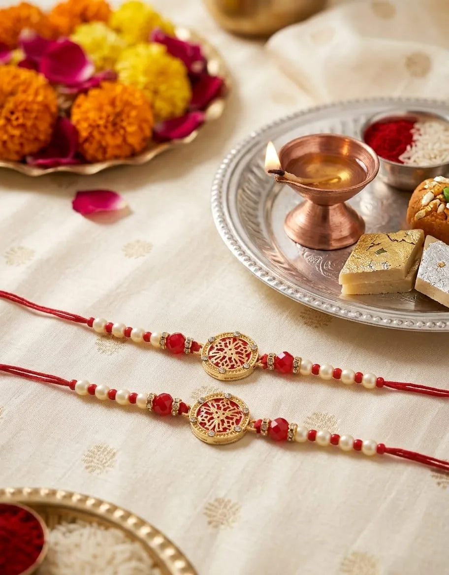 Decorative rakhi with traditional items on a table