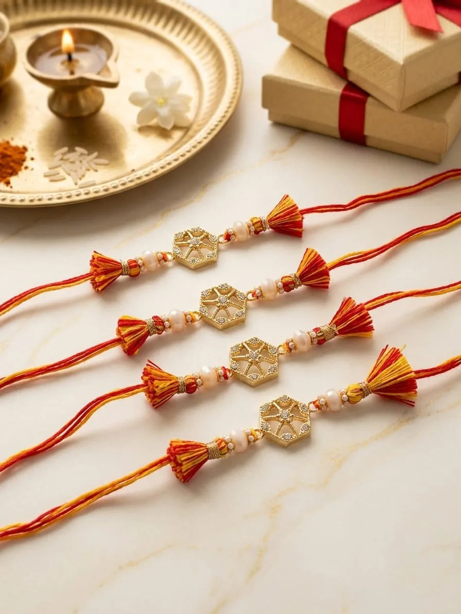 Four traditional Indian Rakhi wristlets with gold-toned star-shaped charms, red and orange threads, and white beads, arranged on a marble surface with festive props including a brass diya, a white flower, and wrapped gift boxes.